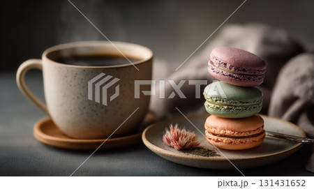 coffee and stack of colorful macarons on a pale ceramic plate 131431652