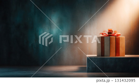 Gift box with vibrant ribbon sits on a pedestal in a dimly lit room, creating a festive atmosphere for Black Friday shopping excitement Gift box with vibrant ribbon sits on a pedestal in a dimly lit room, creating a festive atmosphere for Black Friday shopping excitement 131432095