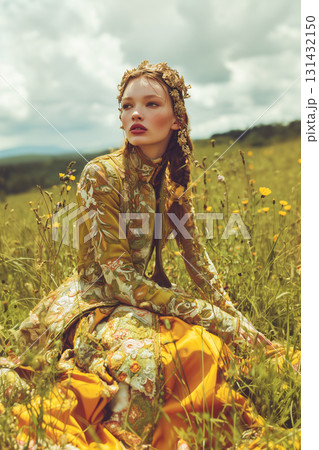 A woman in a yellow dress sits in a field of yellow flowers A woman in a yellow dress sits in a field of yellow flowers 131432150