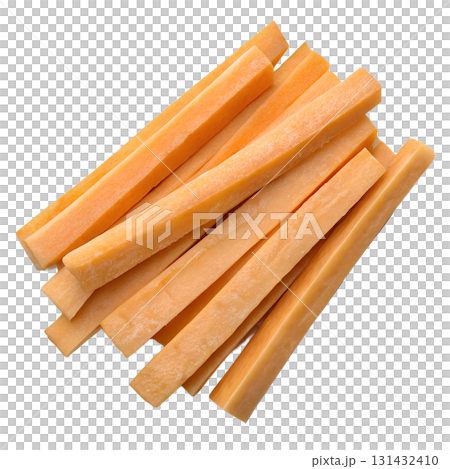 Fresh raw sweet potato sticks or batons, healthy homemade fries ready to cook, isolated on transparent background Fresh raw sweet potato sticks or batons, healthy homemade fries ready to cook, isolated on transparent background 131432410
