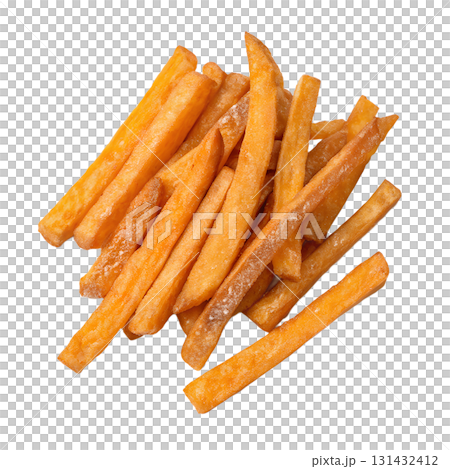 Crispy fried sweet potato sticks or fries isolated on transparent background, snack food concept 131432412