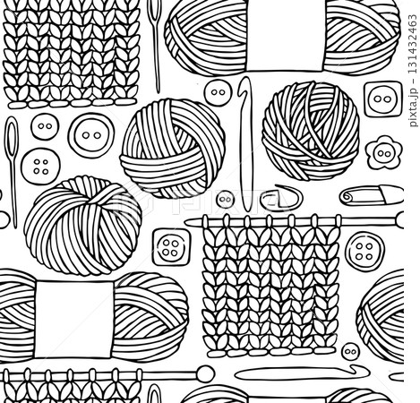 Seamless pattern with knitting and crochet tools. Yarn skeins. Vector illustration. Coloring page. Seamless pattern with knitting and crochet tools. Yarn skeins. Vector illustration. Coloring page. 131432463