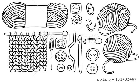Vector illustration on the theme of knitting and crocheting. A set of balls of yarn and knitting tools.. coloring book 131432467