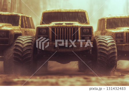Illustration of huge car monsters ready to start off-road racing Illustration of huge car monsters ready to start off-road racing 131432483