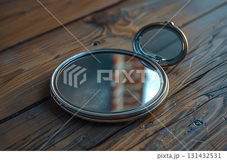 A vintage mirror rests elegantly on a wooden surface, reflecting light and creating a sense of nostalgia. A vintage mirror rests elegantly on a wooden surface, reflecting light and creating a sense of nostalgia. 131432531