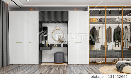 Modern Luxury Walk-In Closet Interior with Wardrobe and Dressing Table, 3D Rendering 131432665