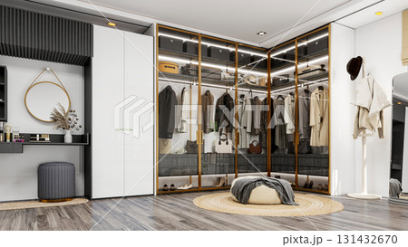 Modern Luxury Walk-In Closet Interior with Wardrobe and Dressing Table, 3D Rendering Modern Luxury Walk-In Closet Interior with Wardrobe and Dressing Table, 3D Rendering 131432670