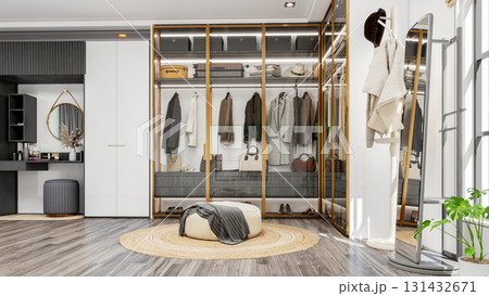 Modern Luxury Walk-In Closet Interior with Wardrobe and Dressing Table, 3D Rendering 131432671