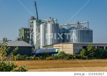 A grain storage complex is being constructed with silos and a crane visible against a sunny blue sky in a rural landscape A grain storage complex is being constructed with silos and a crane visible against a sunny blue sky in a rural landscape 131432827