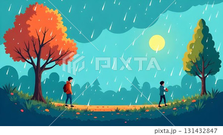 Two individuals walk on a rainy day amidst trees and vibrant foliage under a bright sun 131432847