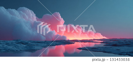 A surreal landscape at sunset or sunrise, featuring clouds in shades of pink, orange, and blue against a dark sky. 131433038
