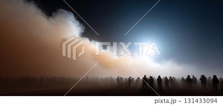 A large crowd of people gathered in a darkened area at night. There is a significant amount of smoke or fog rising from the ground, creating an atmospheric effect. A large crowd of people gathered in a darkened area at night. There is a significant amount of smoke or fog rising from the ground, creating an atmospheric effect. 131433094