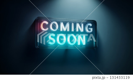 Illuminated futuristic 'Coming Soon' neon sign glowing in blue and pink with dark gradient background Illuminated futuristic 'Coming Soon' neon sign glowing in blue and pink with dark gradient background 131433119