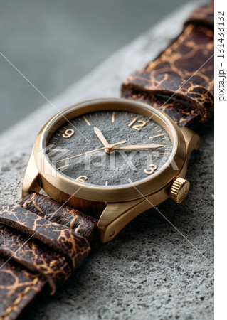 Close-up of luxury analog wristwatch with gold casing and cracked leather strap resting on concrete surface 131433132