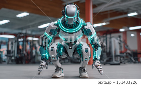 A close-up of a humanoid robot in a gym setting, with soft lighting that emphasizes its sleek design and futuristic appearance. 131433226