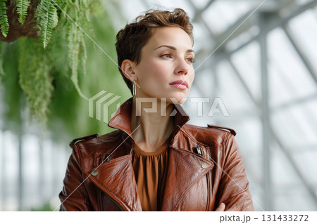 Stylish female model posing in greenhouse wearing eco-chic cropped leather jacket and earrings 131433272