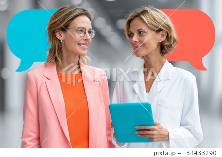 Friendly conversation between female doctor and patient in hospital hallway with speech icons 131433290