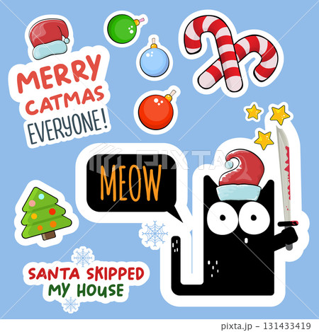 Merry Christmas greeting card or banner with Black cat with Santa hat holding bloody knife, quotes, candy, balls, tree,stars ,snowflakes isolated on white background. Christmas concept illustration 131433419