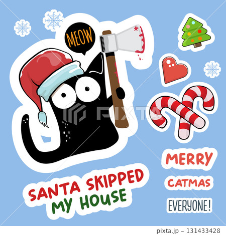 Merry Christmas greeting card or banner with Black cat with Santa hat holding bloody knife, quotes, candy, balls, tree,stars ,snowflakes isolated on white background. Christmas concept illustration Merry Christmas greeting card or banner with Black cat with Santa hat holding bloody knife, quotes, candy, balls, tree,stars ,snowflakes isolated on white background. Christmas concept illustration 131433428