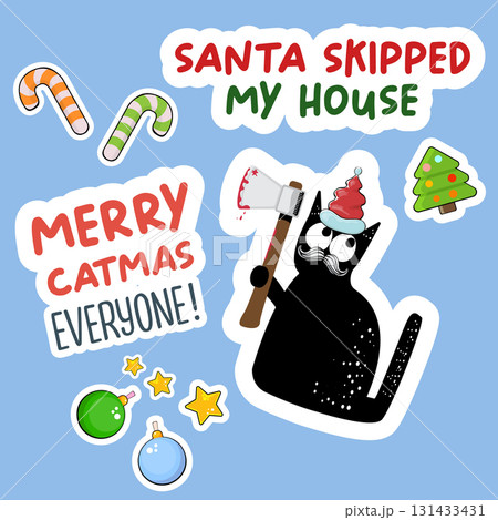 Merry Christmas greeting card or banner with Black cat with Santa hat holding bloody knife, quotes, candy, balls, tree,stars ,snowflakes isolated on white background. Christmas concept illustration 131433431