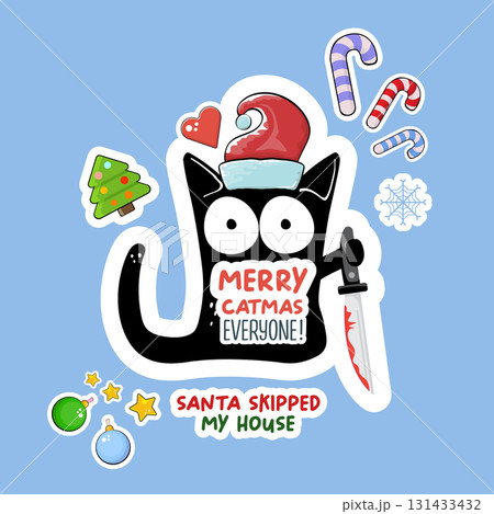 Merry Christmas greeting card or banner with Black cat with Santa hat holding bloody knife, quotes, candy, balls, tree,stars ,snowflakes isolated on white background. Christmas concept illustration 131433432