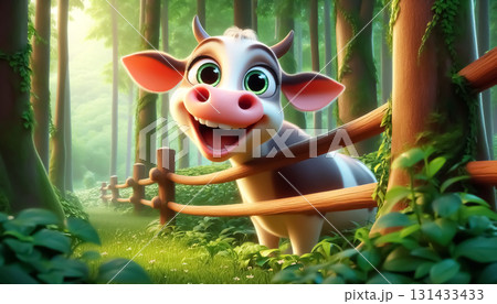 Happy cow cartoon on a wooden fence 131433433