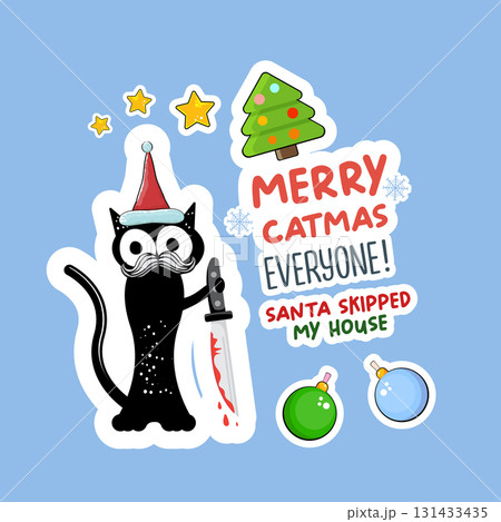 Merry Christmas greeting card or banner with Black cat with Santa hat holding bloody knife, quotes, candy, balls, tree,stars ,snowflakes isolated on white background. Christmas concept illustration Merry Christmas greeting card or banner with Black cat with Santa hat holding bloody knife, quotes, candy, balls, tree,stars ,snowflakes isolated on white background. Christmas concept illustration 131433435