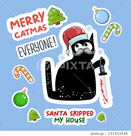Merry Christmas greeting card or banner with Black cat with Santa hat holding bloody knife, quotes, candy, balls, tree,stars ,snowflakes isolated on white background. Christmas concept illustration Merry Christmas greeting card or banner with Black cat with Santa hat holding bloody knife, quotes, candy, balls, tree,stars ,snowflakes isolated on white background. Christmas concept illustration 131433436