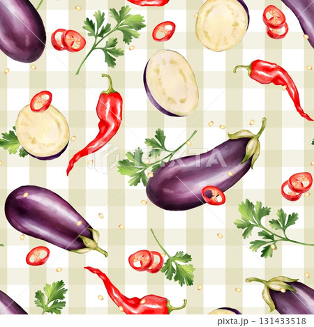 Seamless pattern featuring whole eggplants, eggplant slices, red chili peppers, and fresh parsley over light checkered background Seamless pattern featuring whole eggplants, eggplant slices, red chili peppers, and fresh parsley over light checkered background 131433518