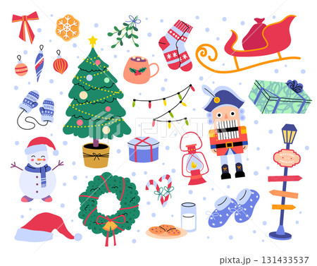 Cartoon Color Christmas with Winter Elements Set Holiday Concept Flat Design Style. Vector illustration of Nutcracker, Snowman, Fir and Wreath Cartoon Color Christmas with Winter Elements Set Holiday Concept Flat Design Style. Vector illustration of Nutcracker, Snowman, Fir and Wreath 131433537