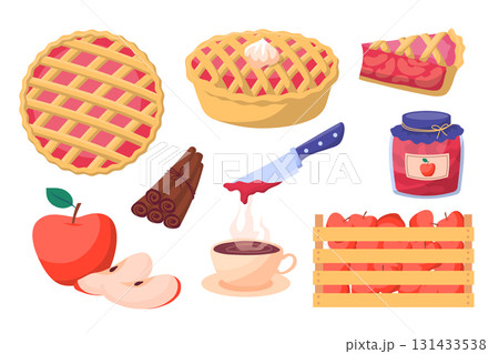 Cartoon Color Apple Pie Set Include of Box of Apples, Cut Piece, Cinnamon and a Cup of Tea Flat Design Style. Vector illustration 131433538