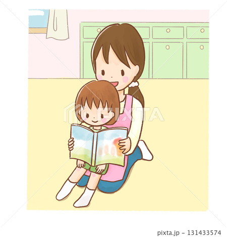 笑顔の保育士が子どもを膝に乗せて絵本を読み聞かせるイラスト/背景あり（保育園・幼稚園・子育て支援） 131433574