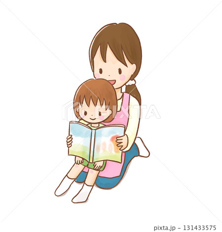笑顔の保育士が子どもを膝に乗せて絵本を読み聞かせるイラスト/背景あり（保育園・幼稚園・子育て支援） 131433575