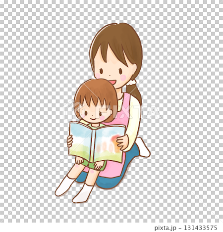 笑顔の保育士が子どもを膝に乗せて絵本を読み聞かせるイラスト/背景あり（保育園・幼稚園・子育て支援） 131433575