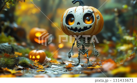 Cute funny Halloween figure with a skeleton body and Jack O' Lantern head 131433671