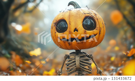 Cute funny Halloween figure with a skeleton body and Jack O' Lantern head 131433672