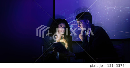 Business team discussing and using technology artificial intelligence with digital Ai assistant. Futuristic innovation AI technology collaboration and ideas for future. Business Tech Startup meeting. 131433754