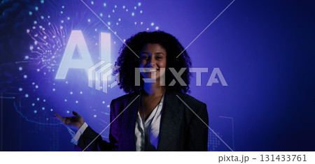 Business team discussing and using technology artificial intelligence with digital Ai assistant. Futuristic innovation AI technology collaboration and ideas for future. Business Tech Startup meeting. 131433761