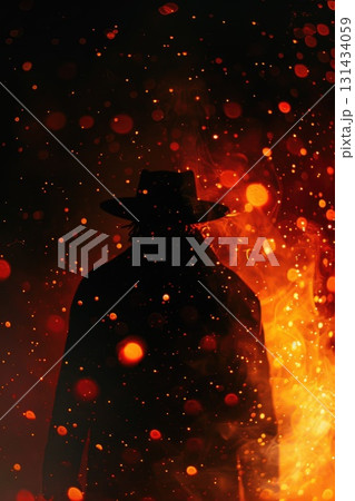 Guy Fawkes Night, A silhouette of a person wearing a wide-brimmed hat stands against a backdrop of flames and glowing embers. The scene conveys a sense of mystery and intensity 131434059