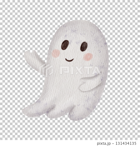 Cute cartoon ghost, smiling brightly. Hand drawn sweet watercolor character. Ideal for childrens Halloween invitations and decoration. Cute cartoon ghost, smiling brightly. Hand drawn sweet watercolor character. Ideal for childrens Halloween invitations and decoration. 131434135
