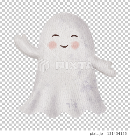 Little ghost with a cute smile. Hand painted Watercolor friendly spooky character isolated on a background. Perfect for Halloween festivities, childrens party invites, posters, and greeting cards. Little ghost with a cute smile. Hand painted Watercolor friendly spooky character isolated on a background. Perfect for Halloween festivities, childrens party invites, posters, and greeting cards. 131434136