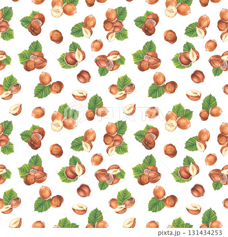 Seamless pattern with hazelnuts and green leaves. Hand drawn watercolor illustration of forest nuts on white background. Drawing of filbert for food packaging, restaurant menu or kitchen wallpaper. 131434253