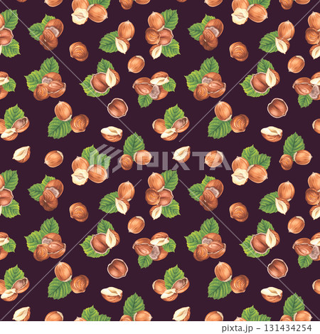 Seamless pattern with hazelnuts and green leaves. Hand drawn watercolor illustration of forest nuts on dark purple background. Drawing of filbert for food packaging, restaurant menu, kitchen wallpaper 131434254