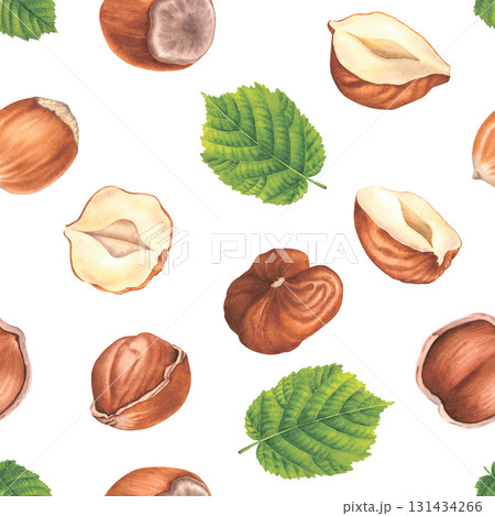 Seamless pattern with hazelnuts and green leaves. Hand drawn watercolor illustration of forest nuts on white background. Drawing of filbert for food packaging, restaurant menu or kitchen wallpaper. Seamless pattern with hazelnuts and green leaves. Hand drawn watercolor illustration of forest nuts on white background. Drawing of filbert for food packaging, restaurant menu or kitchen wallpaper. 131434266