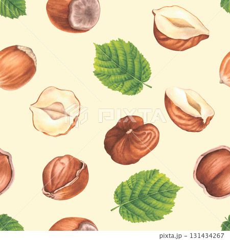 Seamless pattern with hazelnuts and green leaves. Hand drawn watercolor illustration of forest nuts on beige background. Drawing of filbert for food packaging, restaurant menu or kitchen wallpaper. 131434267