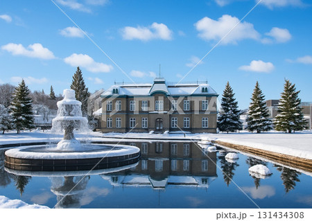 重要文化財　旧日本郵船株式会社小樽支店と運河公園の噴水　雪景色 131434308