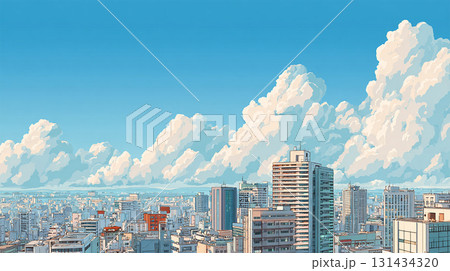 青空の下に広がるアニメ風の都市風景 青空の下に広がるアニメ風の都市風景 131434320