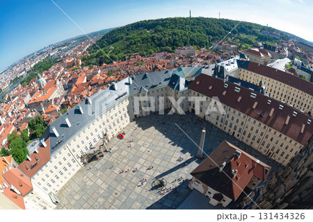 Fisheye lens capturing stunning panoramic view of Prague castle square and cityscape 131434326