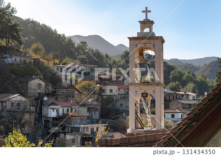 Church of the Archangel Michael bell tower overlooking Platanistasa village, Nicosia District, Cyprus 131434350