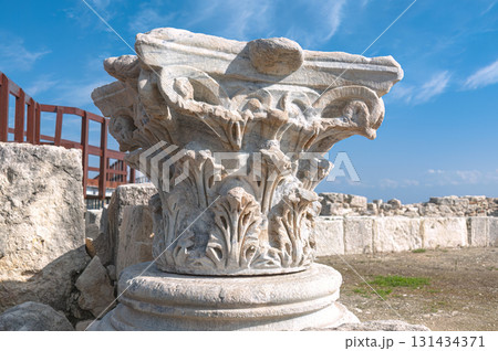 Kourion archaeological site showing ancient Corinthian column capital. Episkopi, Limassol District 131434371